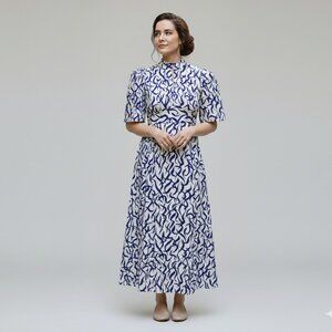 Vintage 60s navy blue and white empire waist babydoll maxi column dress